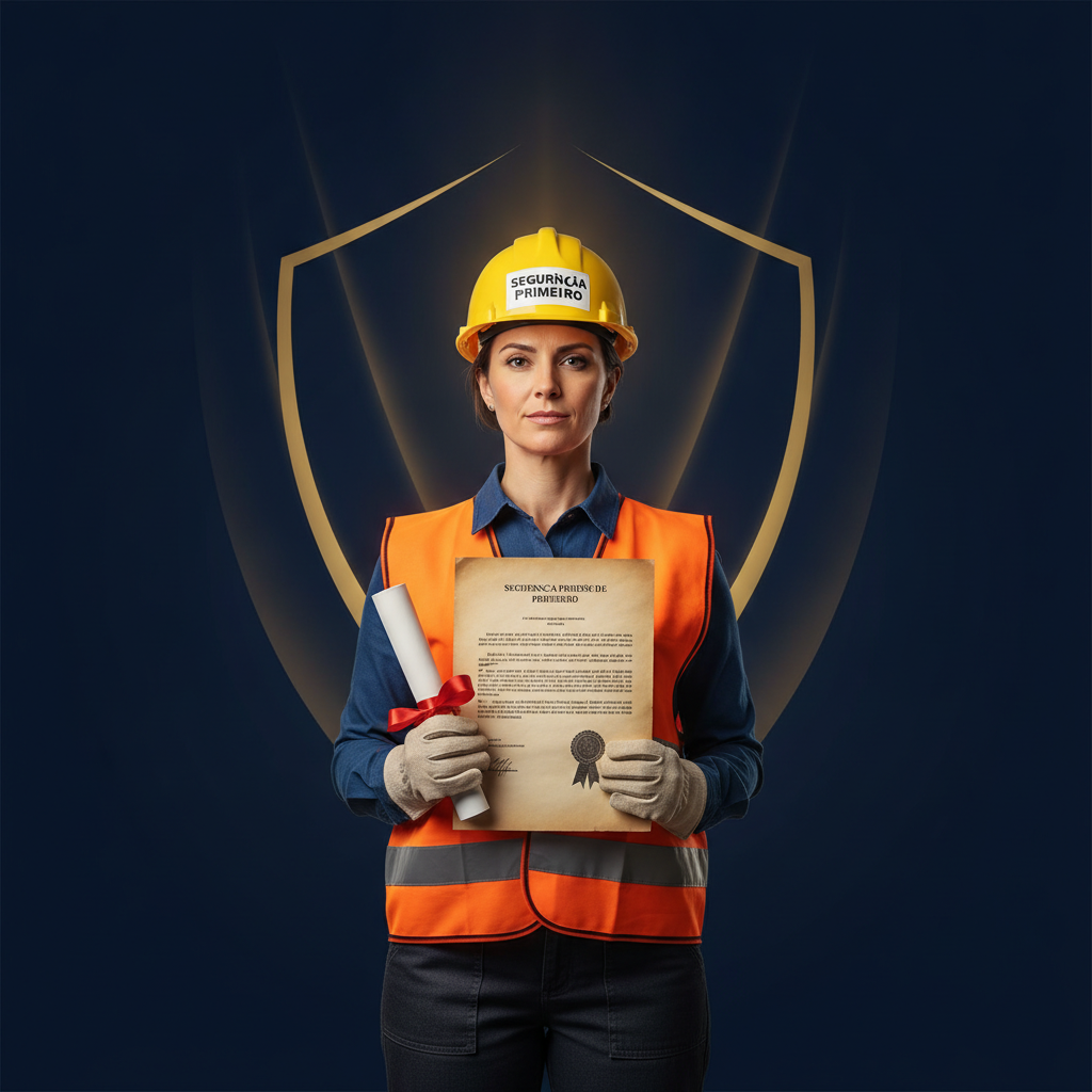 Trabalhador com capacete de seguranca segurando documentos legais sobre acidente de trabalho e estabilidade