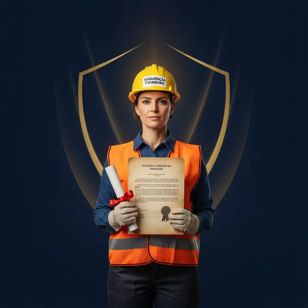 Trabalhador com capacete de seguranca segurando documentos legais sobre acidente de trabalho e estabilidade