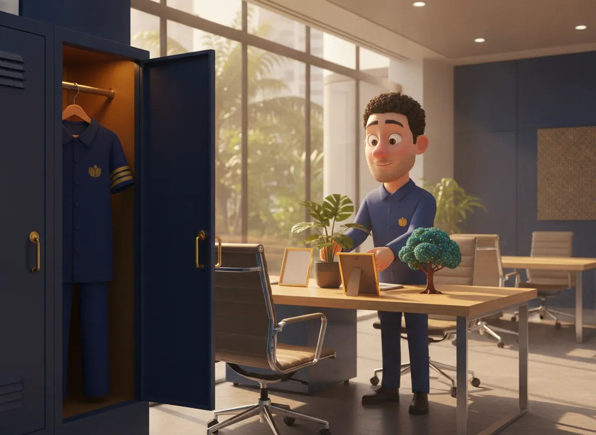 Trabalhador de uniforme ao lado de armário com uniforme pendurado, organizando objetos na mesa de empresa moderna