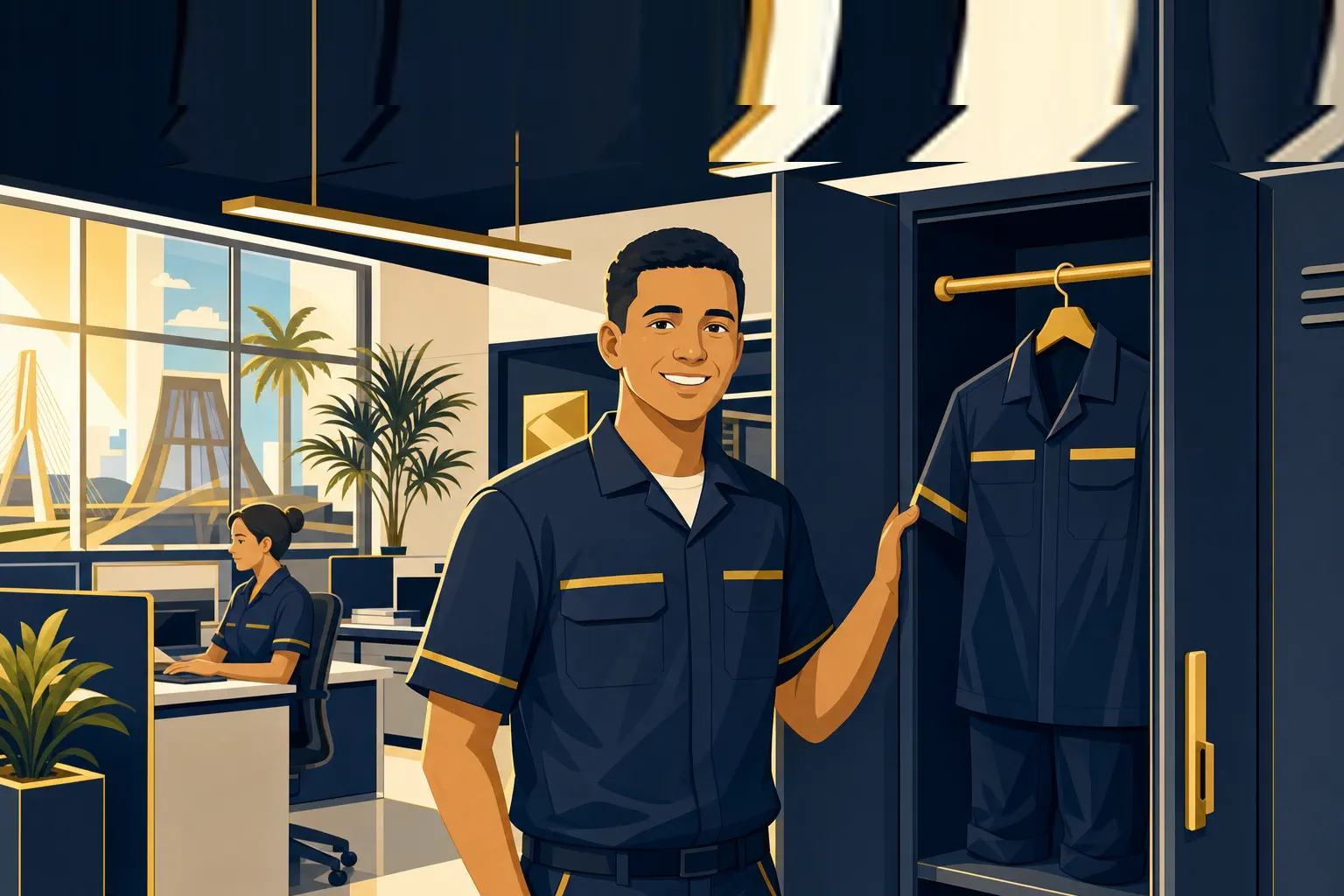 Trabalhador CLT de uniforme ao lado de armário de vestiário com uniforme pendurado em cabide