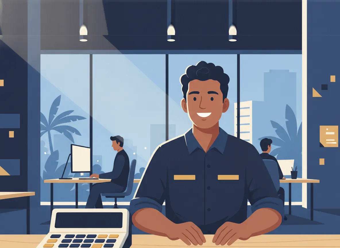 Trabalhador de uniforme corporativo sorrindo em escritório moderno brasileiro