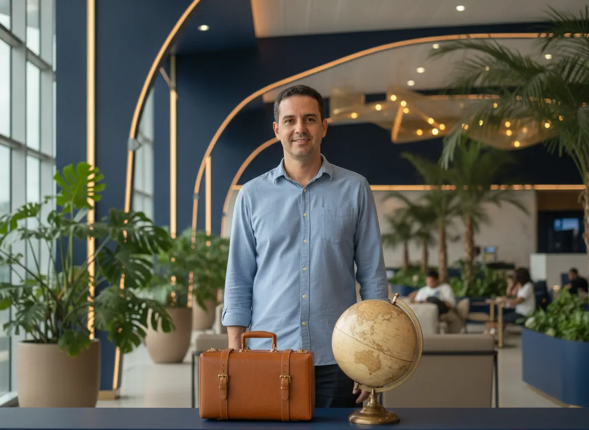 Brasileiro em aeroporto com mala de viagem e globo terrestre, preparando aposentadoria internacional em Portugal, Itália e Espanha