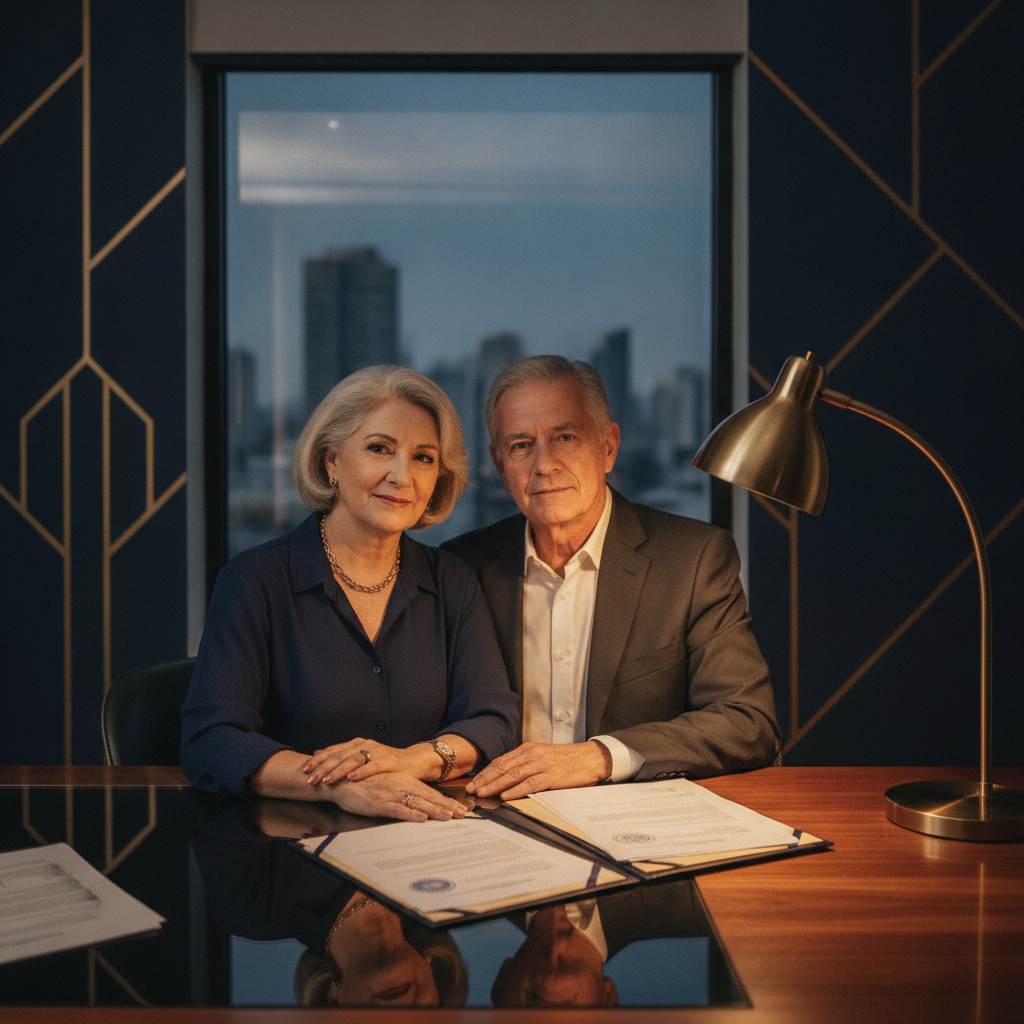 Casal aposentado revisando documentos previdenciarios em escritorio profissional - Aposentadoria por Idade 2026