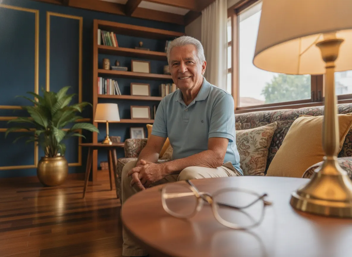 Idoso brasileiro de cabelos grisalhos sorrindo em sala de estar aconchegante com óculos de leitura sobre a mesa
