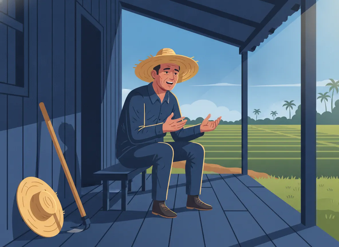 Trabalhador rural brasileiro gesticulando na varanda de casa simples do interior, com chapéu de palha e enxada ao lado, plantação ao fundo