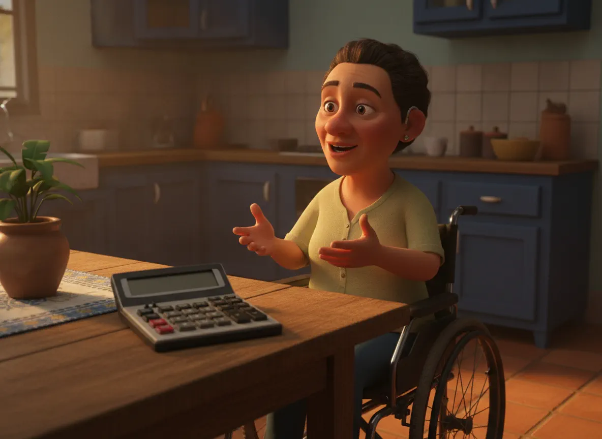 Pessoa com deficiência em cadeira de rodas conversando em cozinha simples com calculadora sobre a mesa