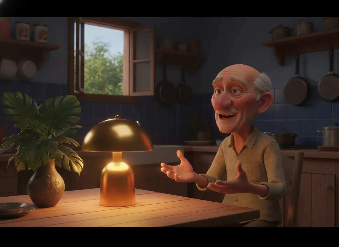 Idoso brasileiro em cozinha simples gesticulando, com luminária dourada acesa e planta tropical