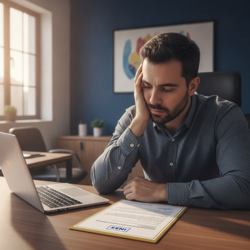 Trabalhador esgotado por burnout com documento INSS na mesa de trabalho