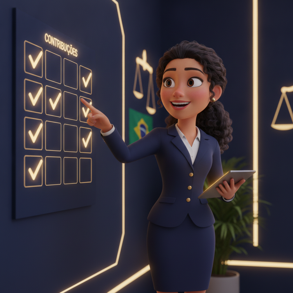 Advogada brasileira apontando para checklist de contribuicoes INSS em escritorio moderno