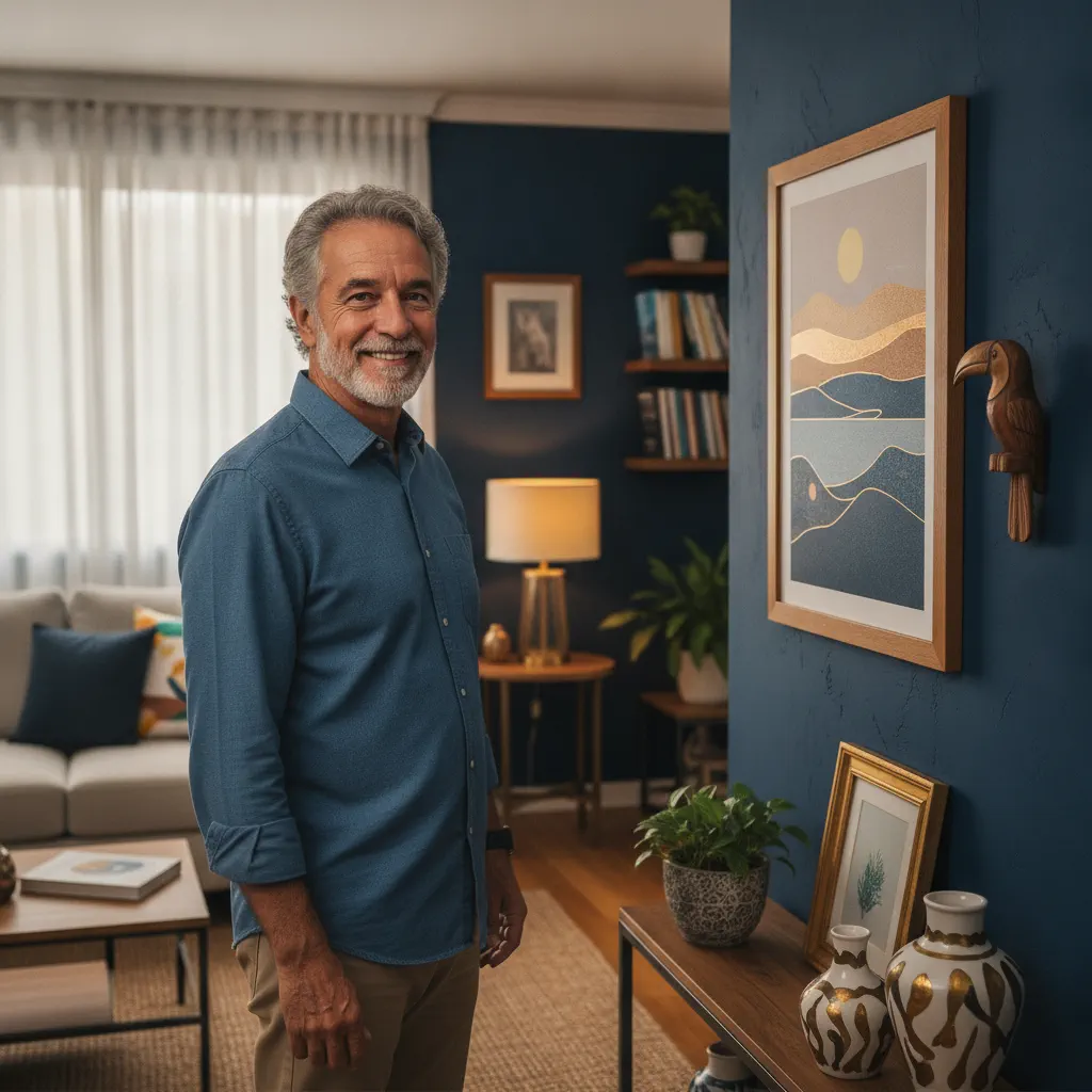 Homem idoso sorridente em sala de estar com parede azul-marinho, abajur dourado e quadros decorativos