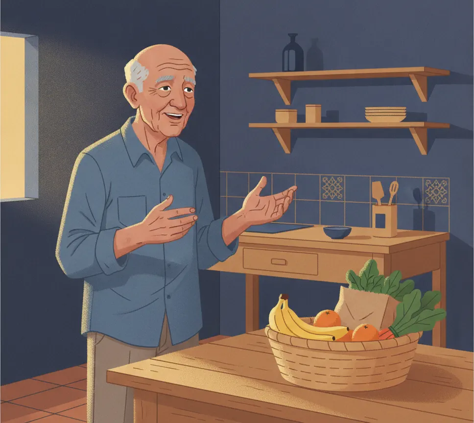 Idoso brasileiro de camisa azul gesticulando em cozinha simples, ilustrando como dar entrada no BPC LOAS