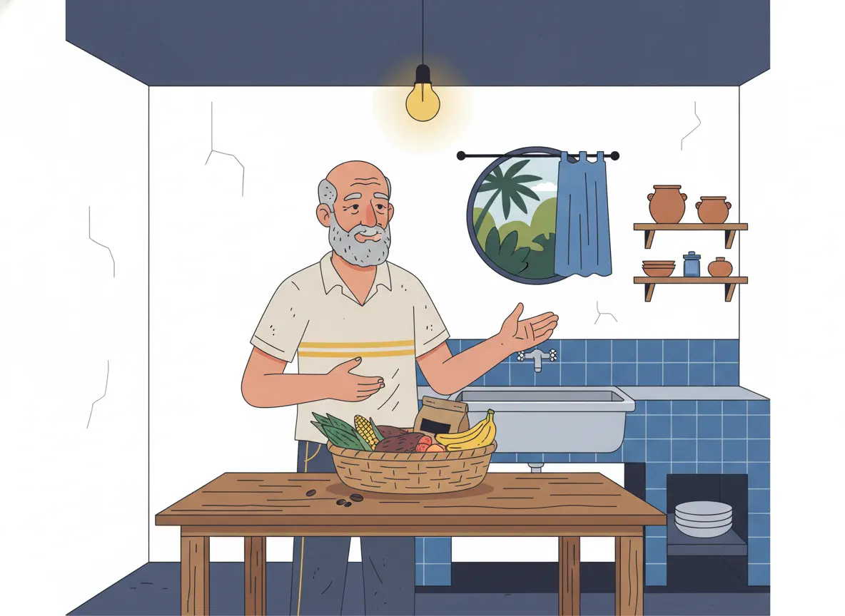Idoso brasileiro em cozinha simples com cesta de alimentos sobre a mesa, representando como se inscrever no LOAS