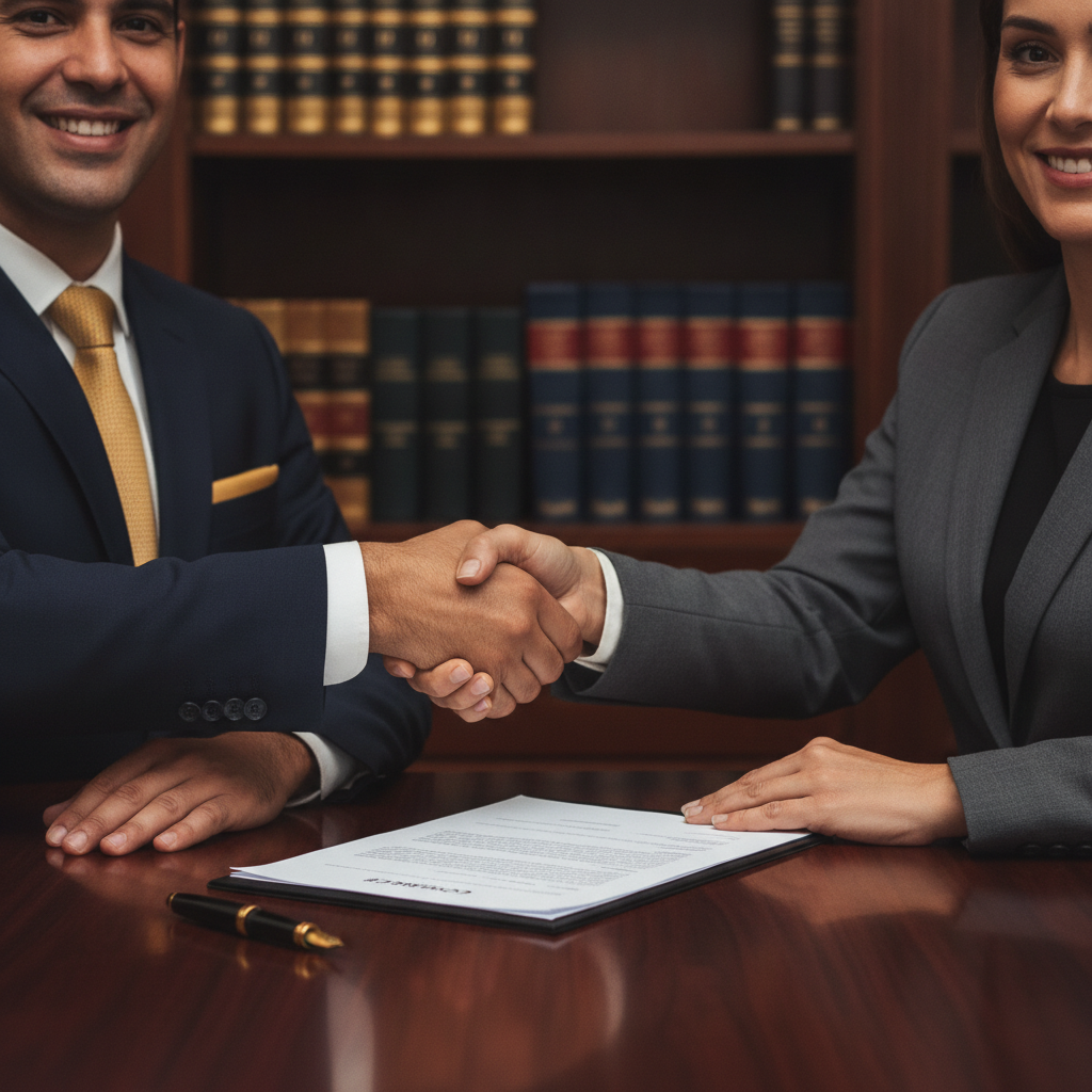 Advogada e empresario assinando contrato de prestacao de servicos PJ em escritorio profissional