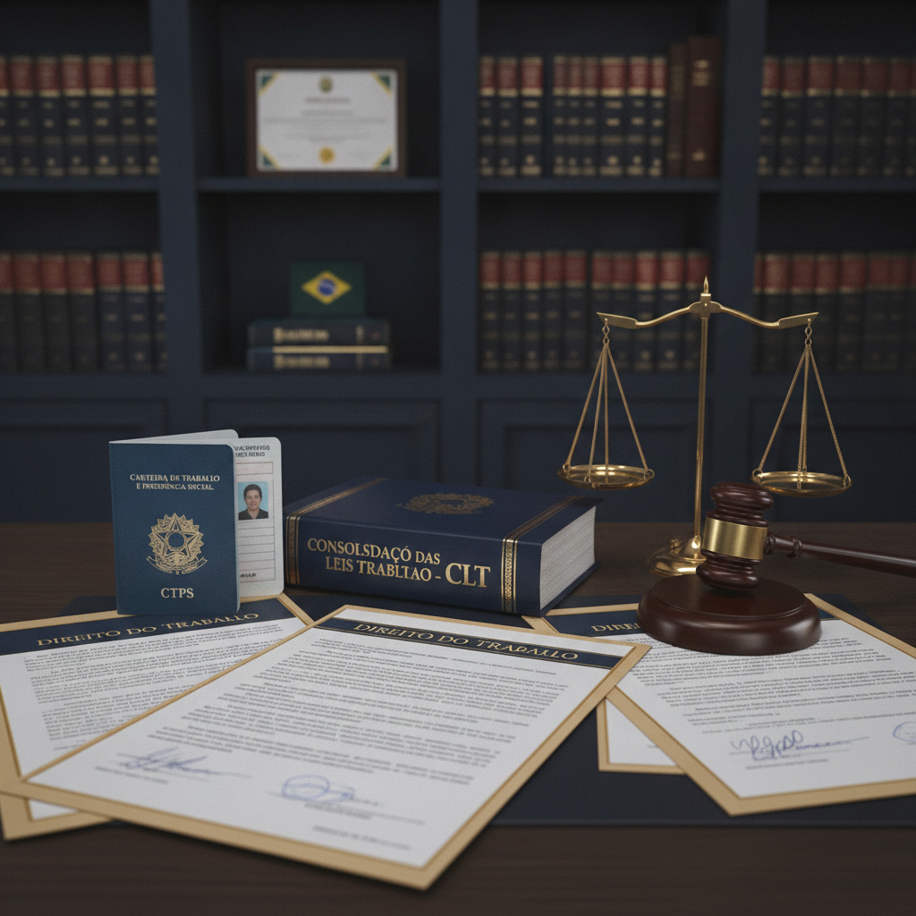 Escritorio juridico com gavel, CLT, carteira de trabalho e contratos — direito trabalhista brasileiro