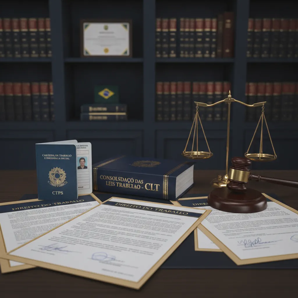 Escritorio juridico com gavel, CLT, carteira de trabalho e contratos — direito trabalhista brasileiro