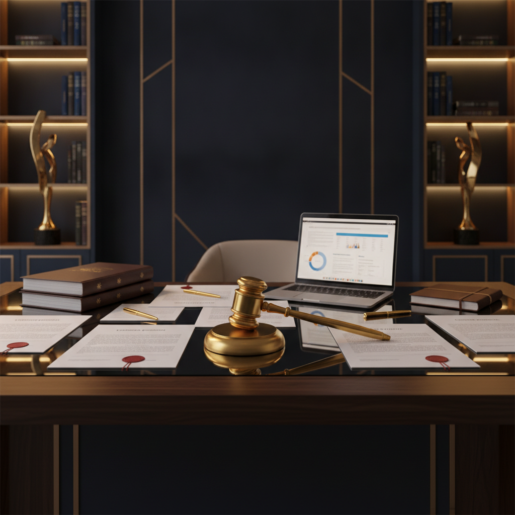 Escritório jurídico empresarial com contratos societários, gavel dourado e documentos de PME sobre mesa executiva