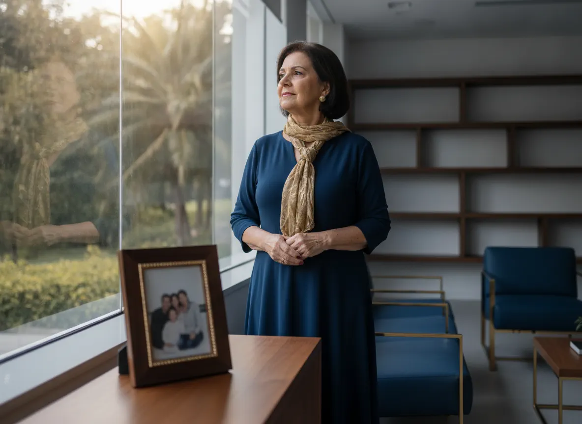 Mulher madura em escritório moderno com porta-retrato de família em primeiro plano sobre a mesa