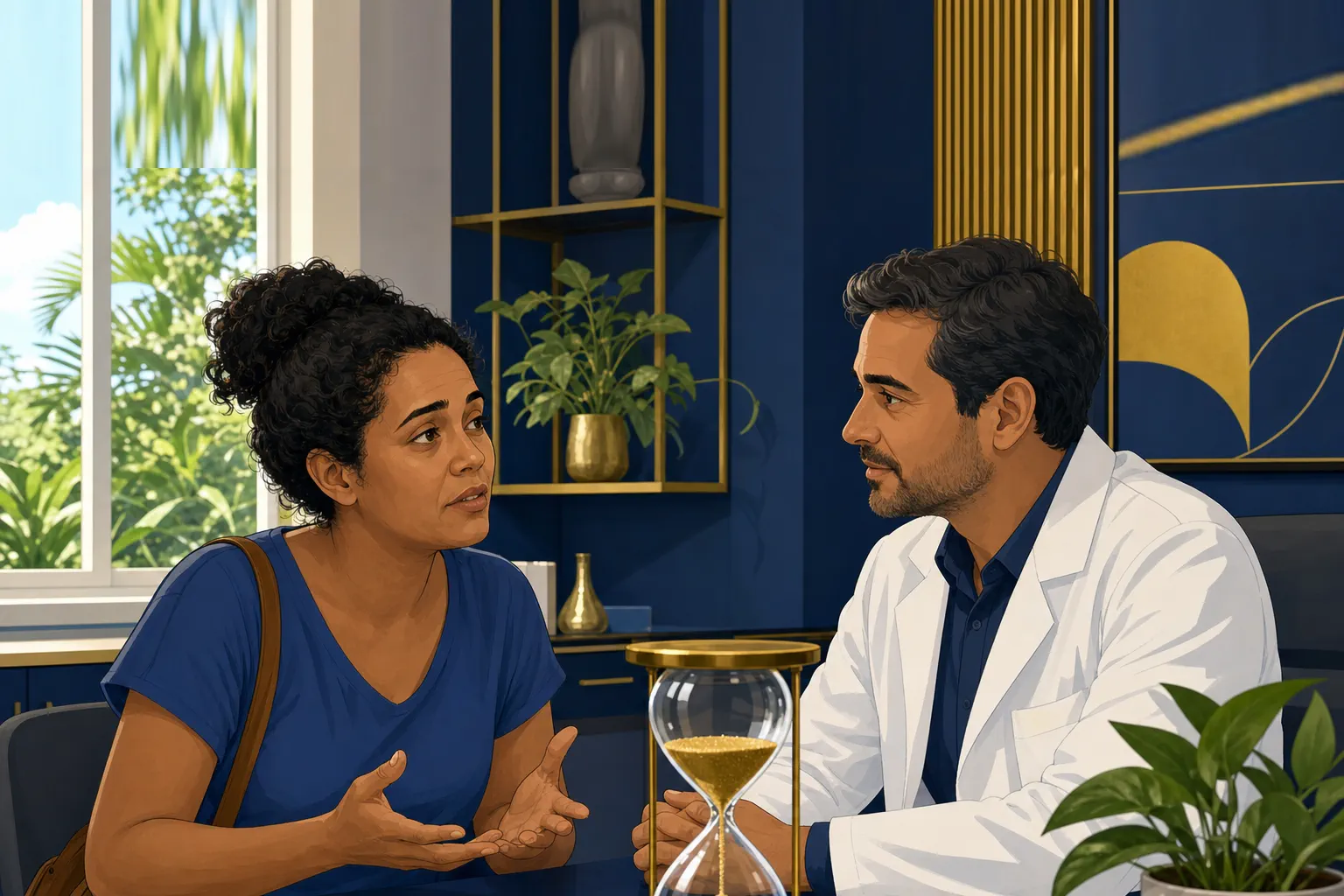 Mulher conversa com médico em consultório azul, ampulheta dourada sobre a mesa em primeiro plano