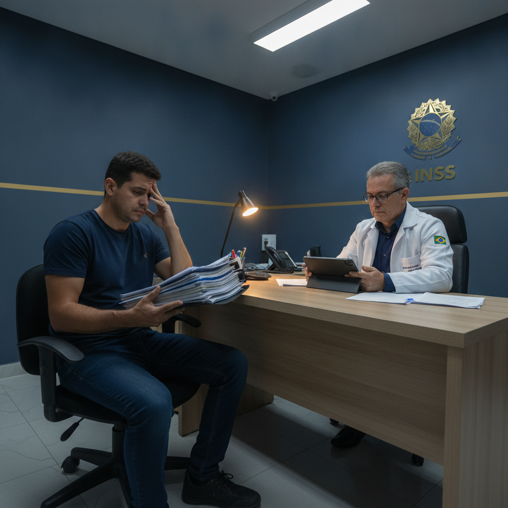 Trabalhador preocupado diante do perito do INSS em sala de perícia médica