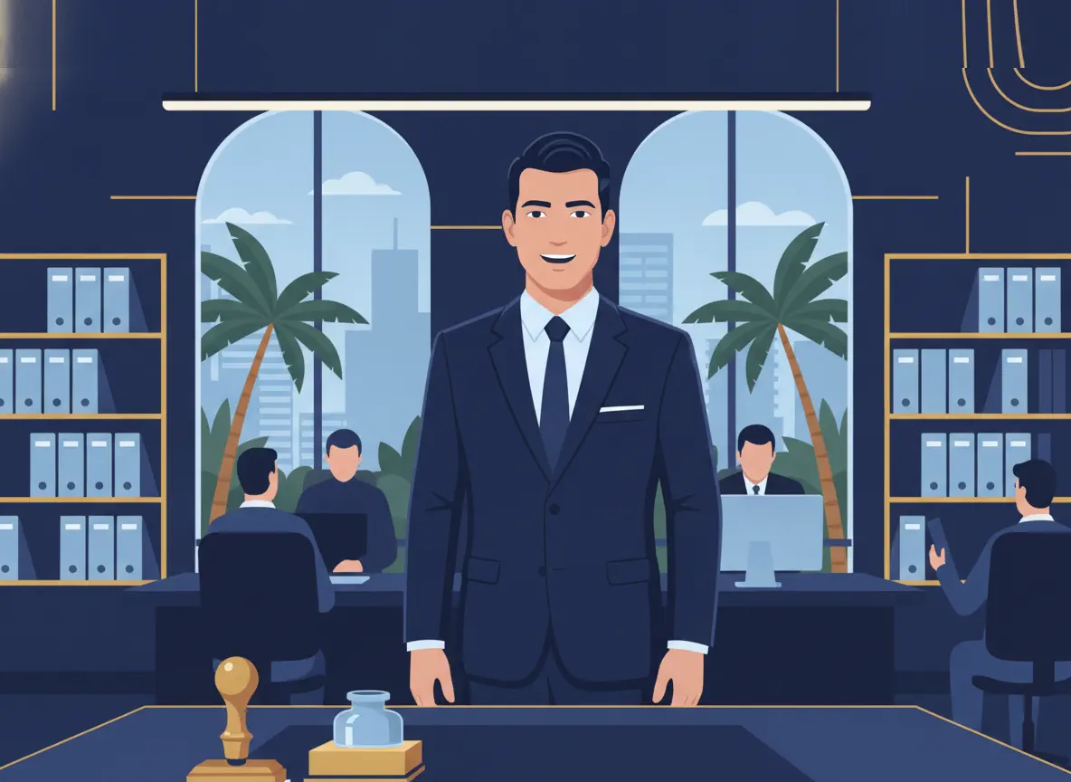 Empresário brasileiro em escritório moderno com carimbo e tinteiro sobre a mesa