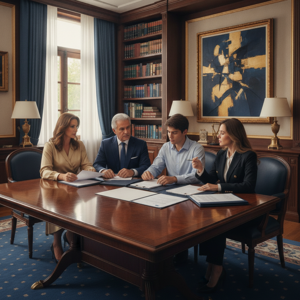 Holding familiar proteção patrimonial - família reunida em reunião jurídica com documentos
