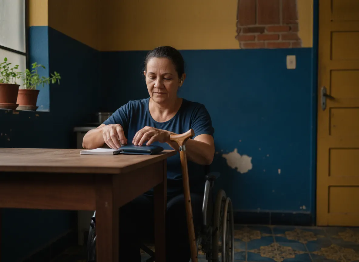 Mulher com deficiência em cadeira de rodas com bengala de apoio e documentos na mesa de cozinha simples