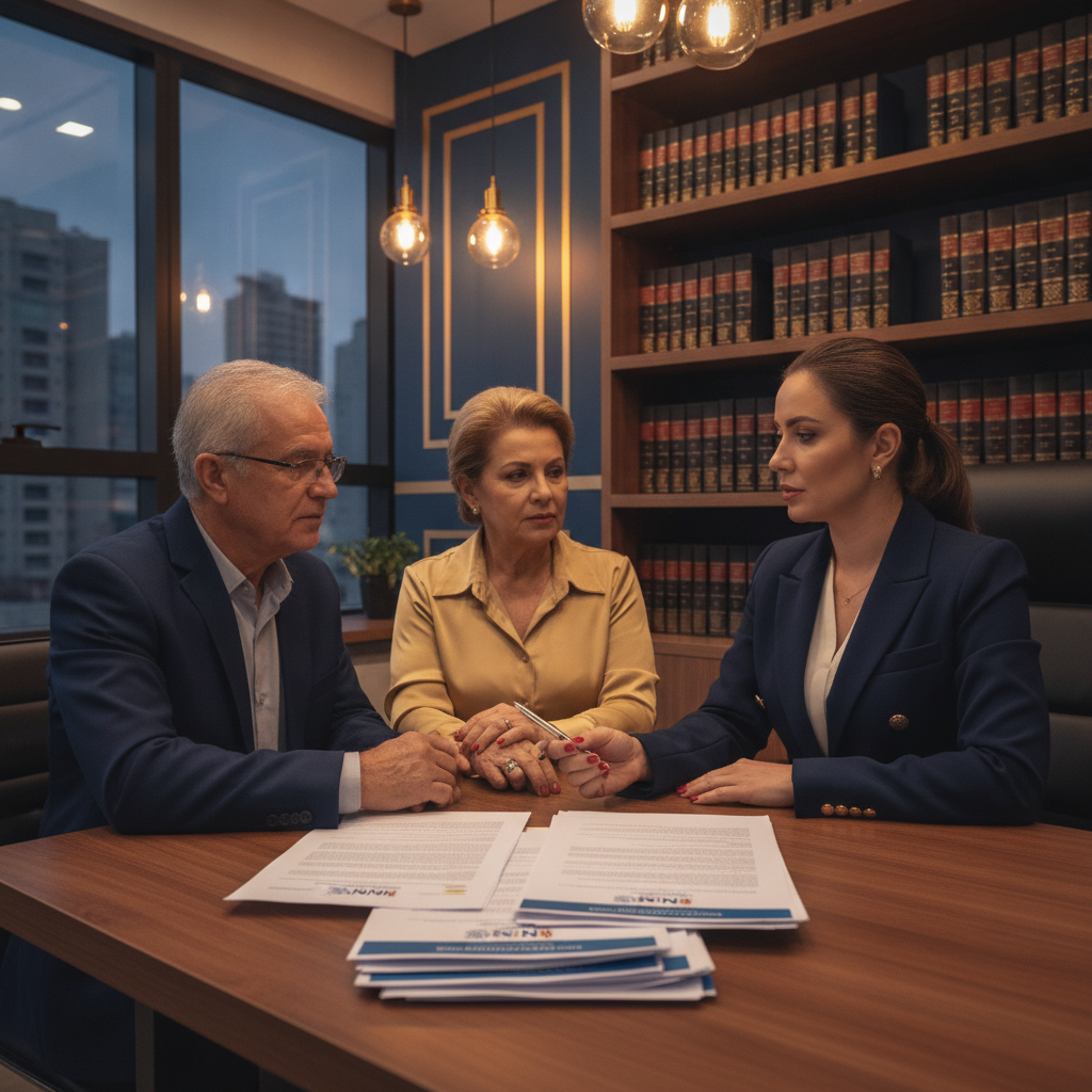 Casal de aposentados revisando documentos do INSS com advogada previdenciarista - Revisao da Vida Toda 2026