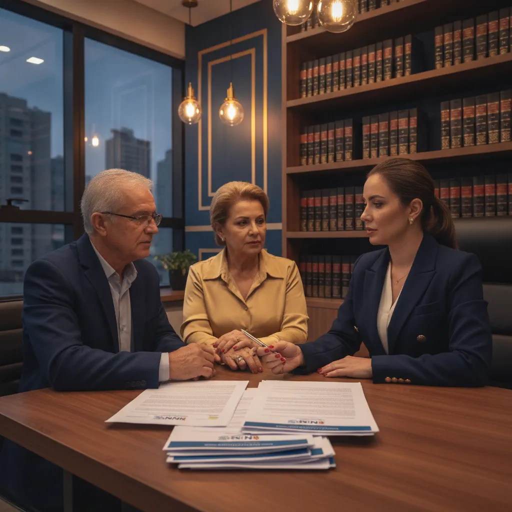 Casal de aposentados revisando documentos do INSS com advogada previdenciarista - Revisao da Vida Toda 2026
