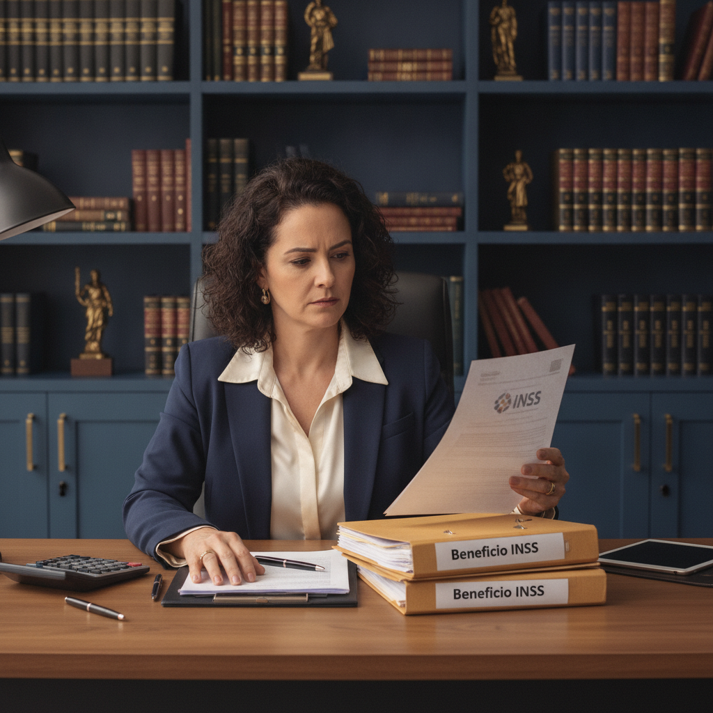 Advogada revisando documentos de benefício INSS para solicitar revisão da RMI