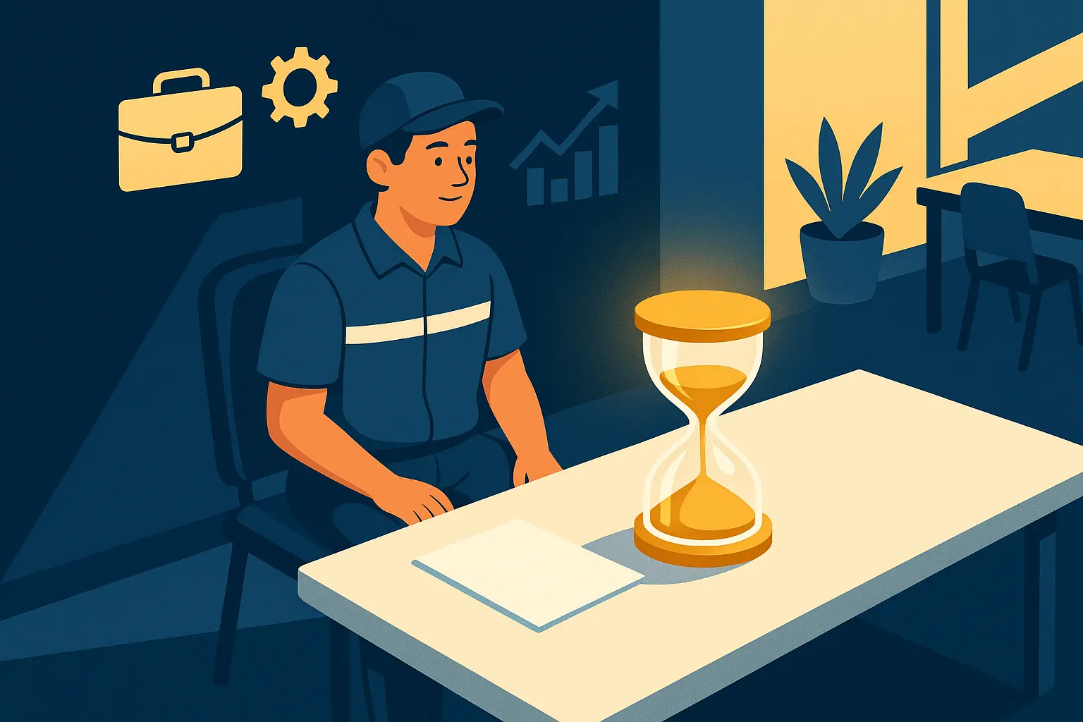 Trabalhador recém-demitido consultando informações sobre prazos e valores do seguro-desemprego em tablet, ambiente profissional com documentos trabalhistas sobre mesa