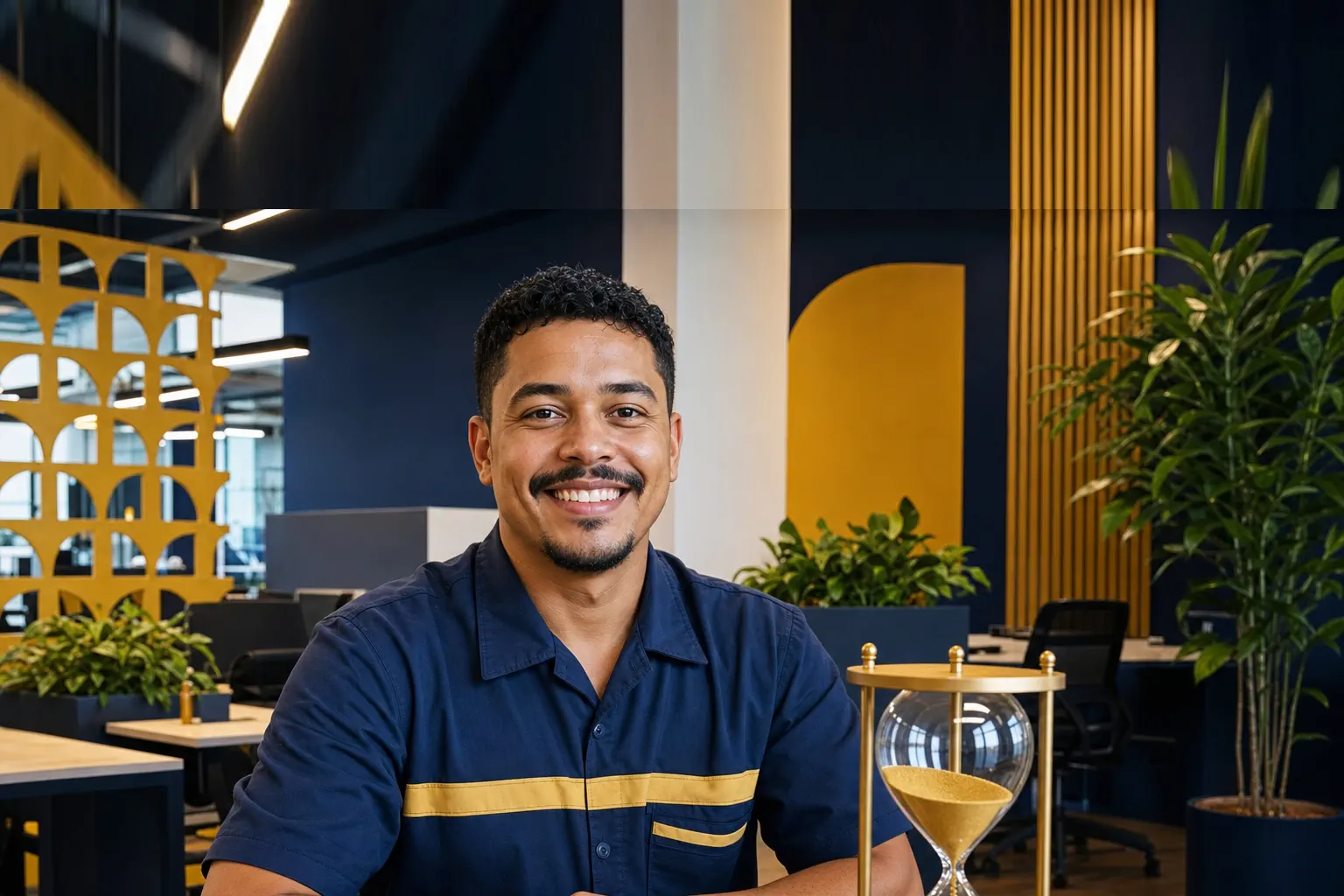 Trabalhador de uniforme sorrindo à mesa ao lado de ampulheta dourada em escritório moderno